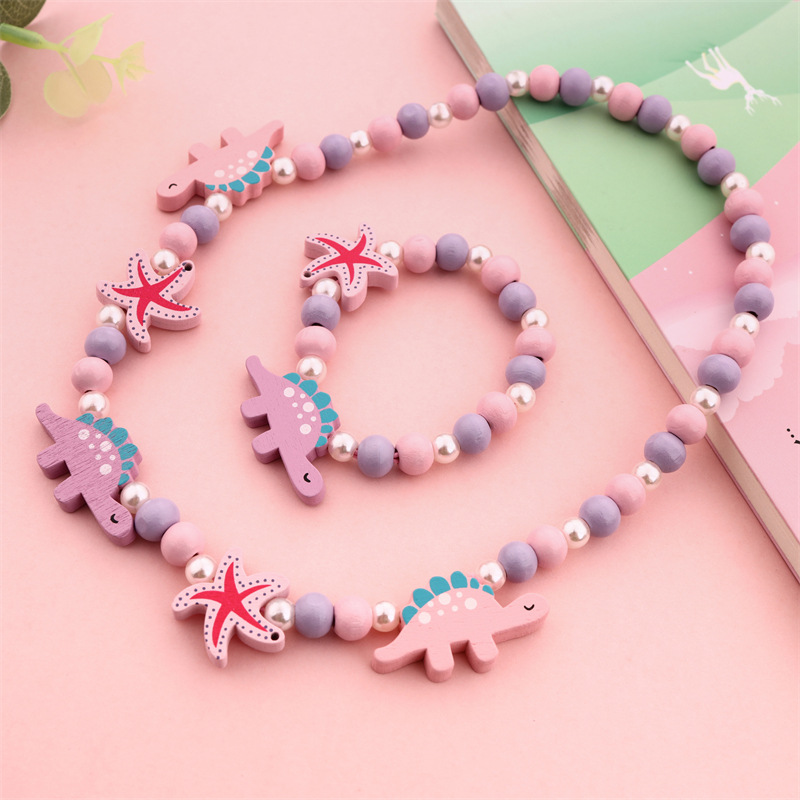 Children's Wooden Bead Beaded Necklace Bracelet Cute Little Dinosaur Rainbow Necklace Cross-Border Children's Jewelry Set Accessories