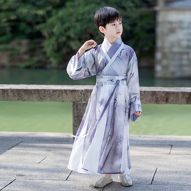 汉服男童2024新款儿童古装水墨竹子国学服大童古风套装唐装演出服