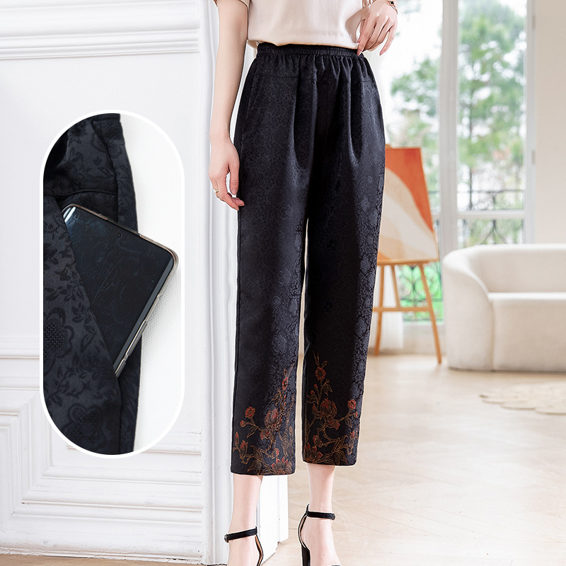 哈伦裤女高腰显瘦2024夏季新款中年妈妈时尚休闲宽松仿真丝女裤女