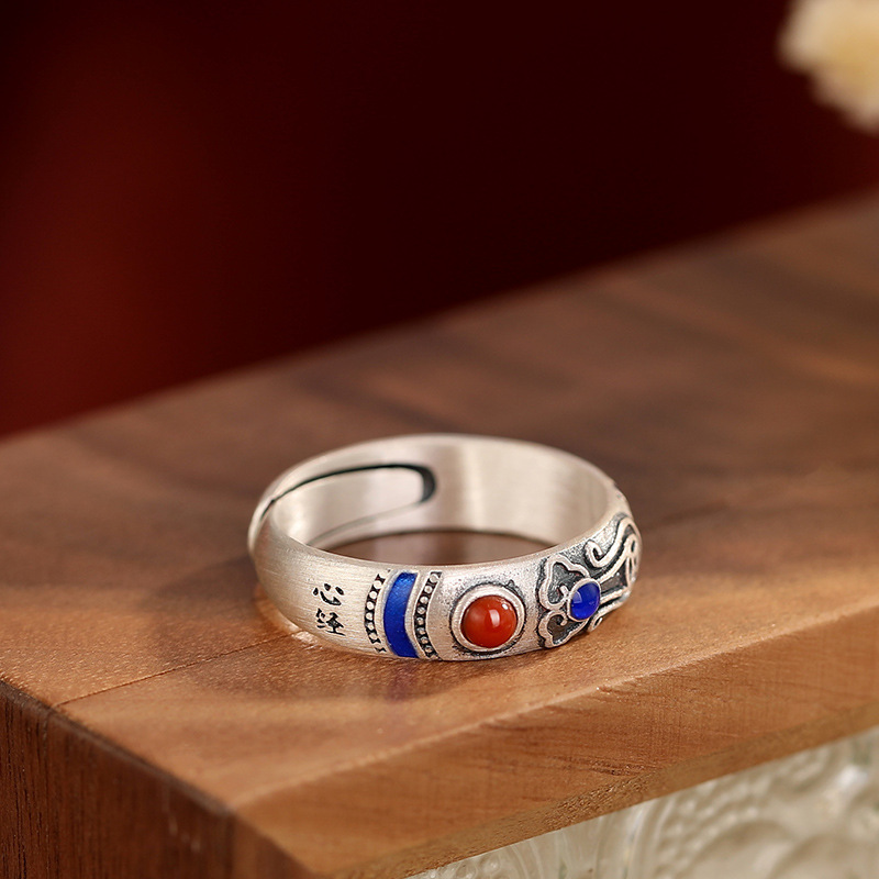 七彩如意心经戒指女国风可调节文艺复古做旧民族风南红珐琅彩环女