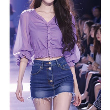 2024早春新款韩系穿搭今年流行的漂亮小衫独特上衣紫色长袖衬衫女