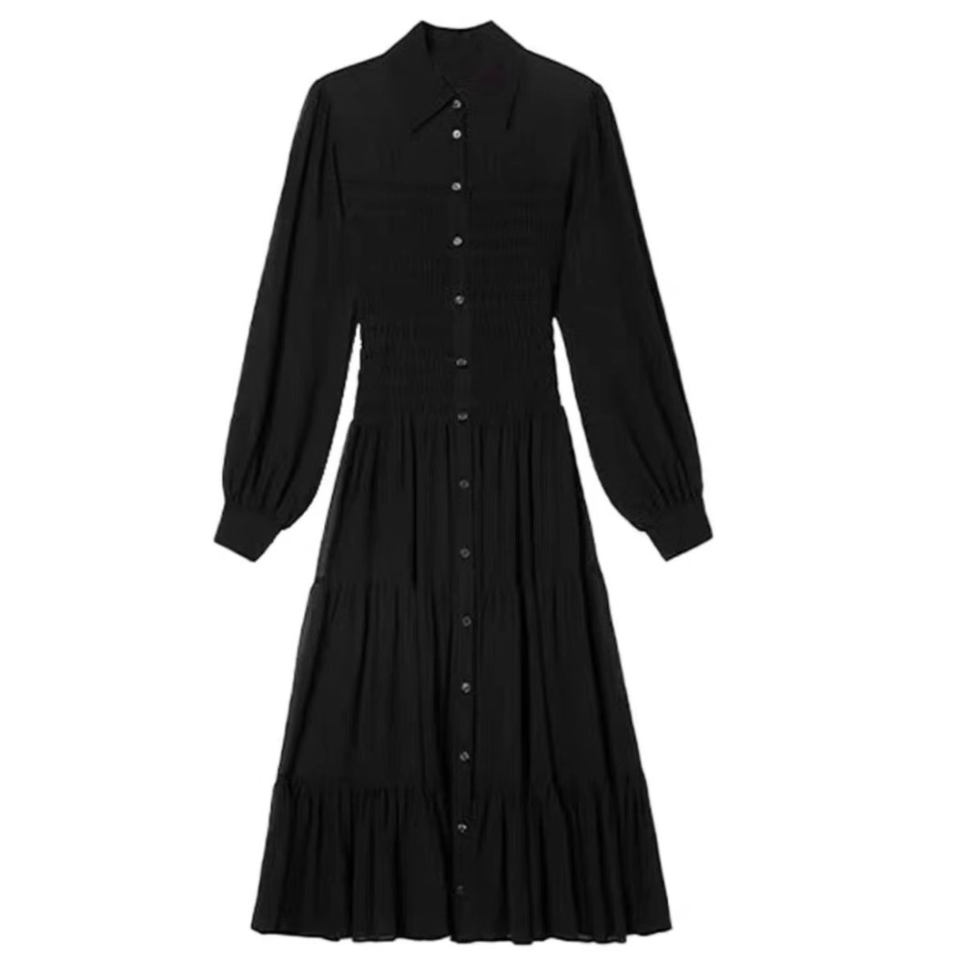 舒琪同款黑色高级感灯笼袖连衣裙女秋季显瘦收腰法式气质长款裙子