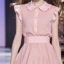 2024春季新款茶歇法式超好看高端精致粉色娃娃领小飞袖衬衫连衣裙