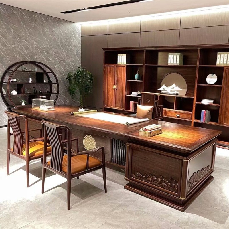 新中式老板桌办公桌柜子组合董事长办公家具总裁高档乌金木大班台