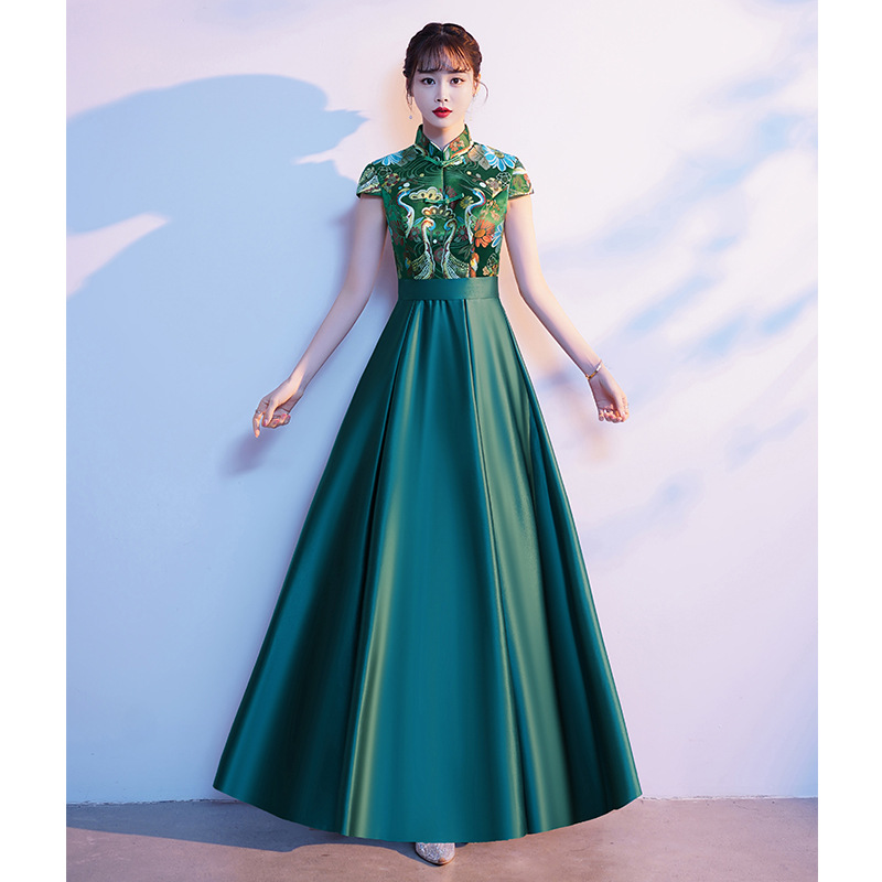 绿色大合唱团演出服女高端主持人晚礼服中式旗袍指挥长裙表演服装