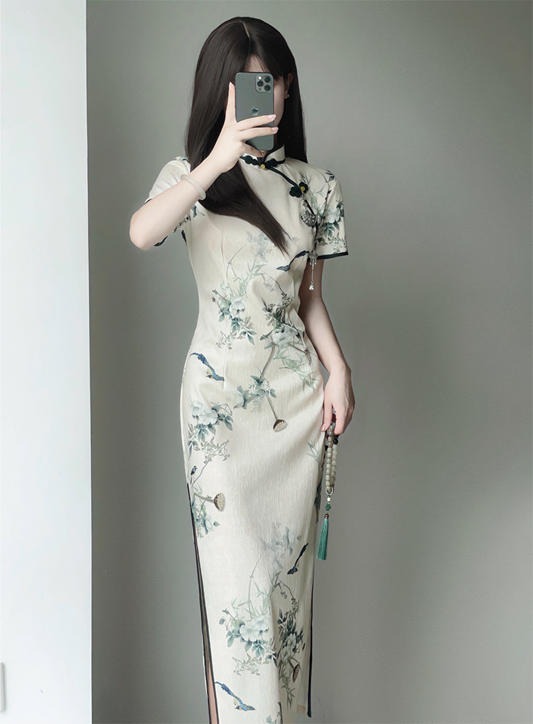 素雅印花旗袍2024夏季复古民国风优雅气质年轻款少女连衣裙茶服
