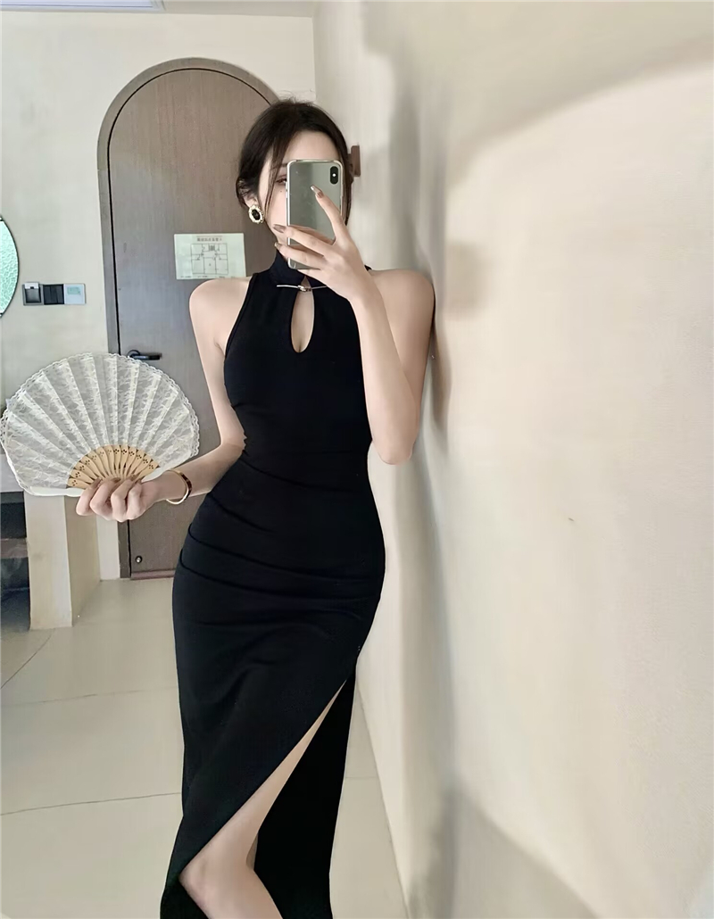 女装性感国风新中式改良旗袍连衣裙包臀开叉修身显瘦黑色晚礼服裙