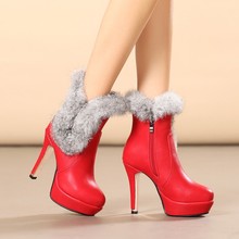 外贸红色靴子女兔毛高跟红色拉链裸靴加绒皮靴冬款34-48码