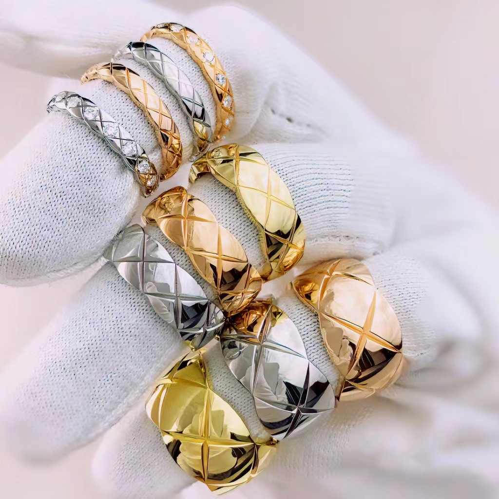 小香风菱格纹戒指纯银不掉色18k玫瑰金情侣对戒明星同款男女指环