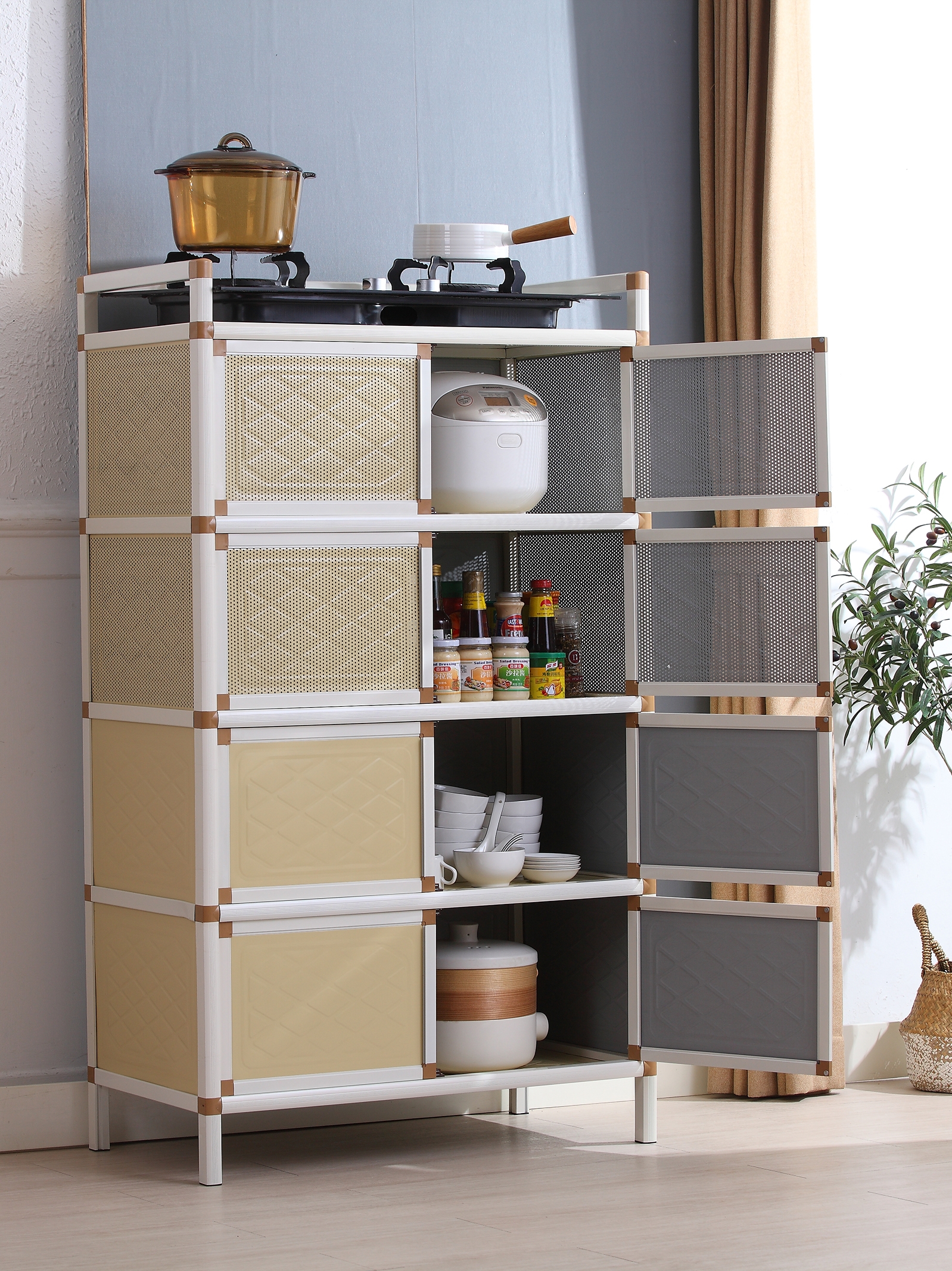 碗柜简易厨房柜不锈钢家用灶台多功能收纳剩菜柜橱柜储物柜经济型