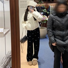 黑色兔子丝绒休闲裤女春秋冬加绒卫裤新中式直筒宽松阔腿裤子冬季