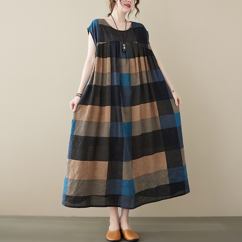 外贸女装实拍24夏季新款文艺印花大码手工折宽松显瘦遮手臂连衣裙