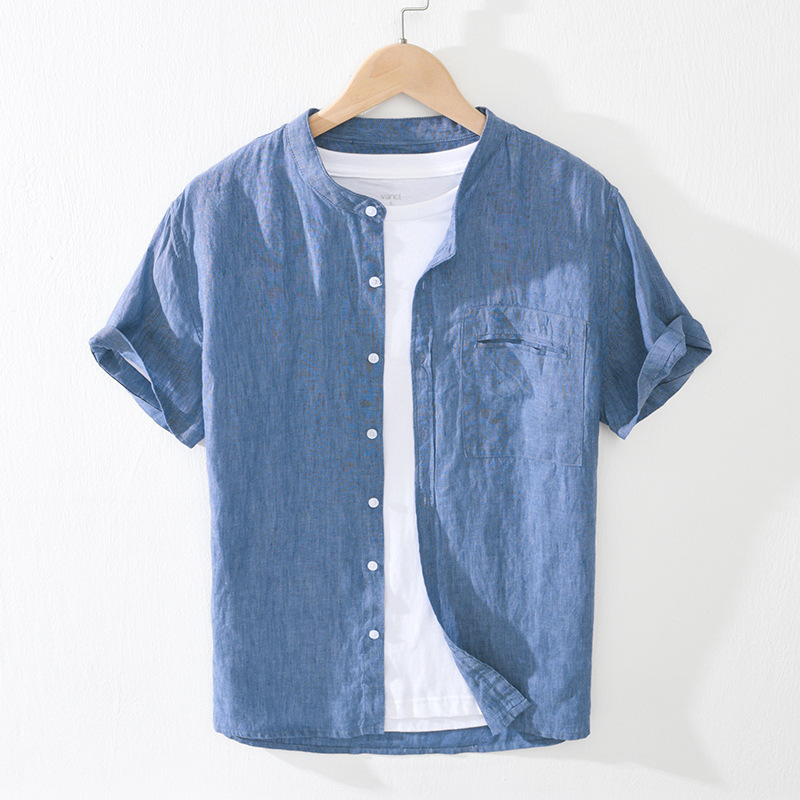 1210色织清新亚麻短袖衬衫男士青中年小立领休闲棉麻半袖衬衣薄款