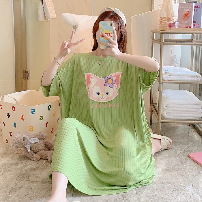 Foreign Trade Nightdress Female Summer Loose-Fitting plus Size Large Size 150.00kg Can Wear Cute Cartoon Pajamas Female Can Wear Outerwear Homewear