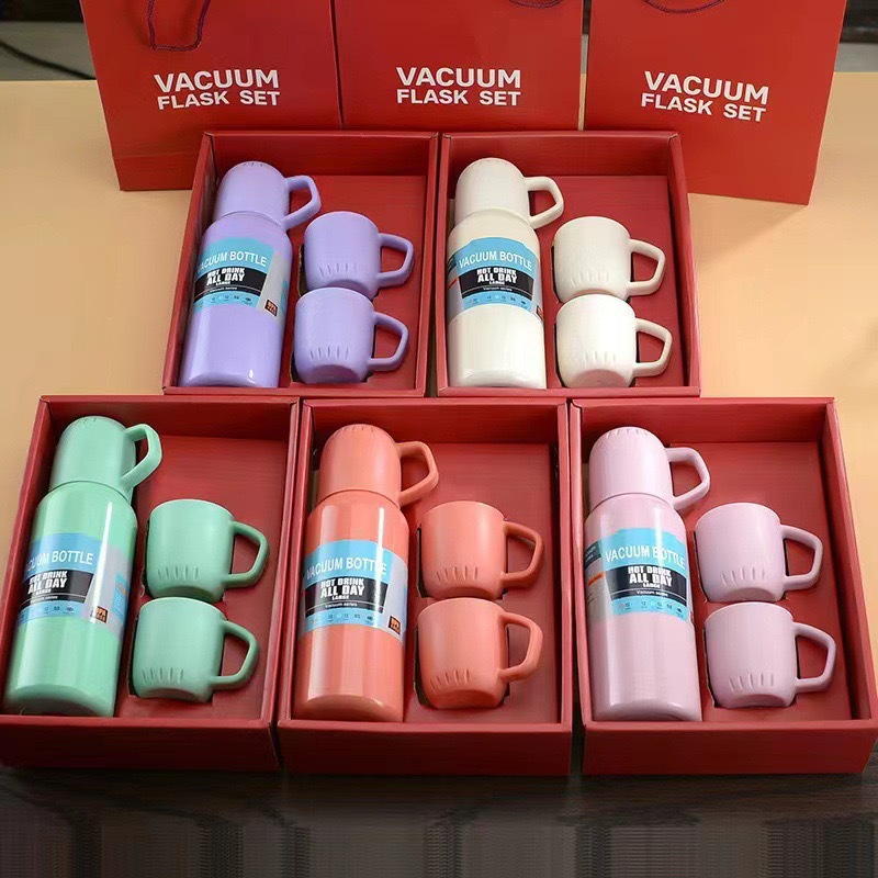 Foreign Trade Wholesale One Cup Three-Lid Vacuum Cup Set Stainless Steel Portable Gift Cup High-End Gift Box Set Water Cup