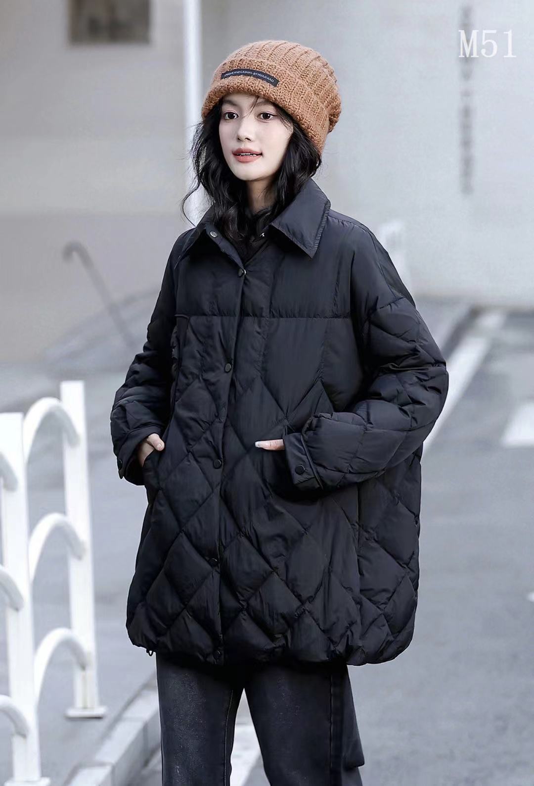 2023冬 韩版宽松显瘦翻领中长款菱格羽绒服女休闲保暖羽绒外套m51