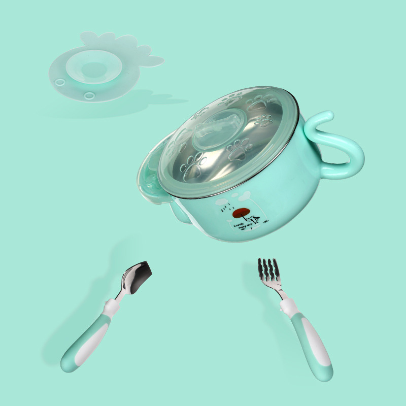 Stainless Steel Children‘s Water Injection Thermal Insulation Bowl Children‘s Tableware Baby Sucker Bowl Solid Food Bowl Spoon and Fork Set with Gift Box