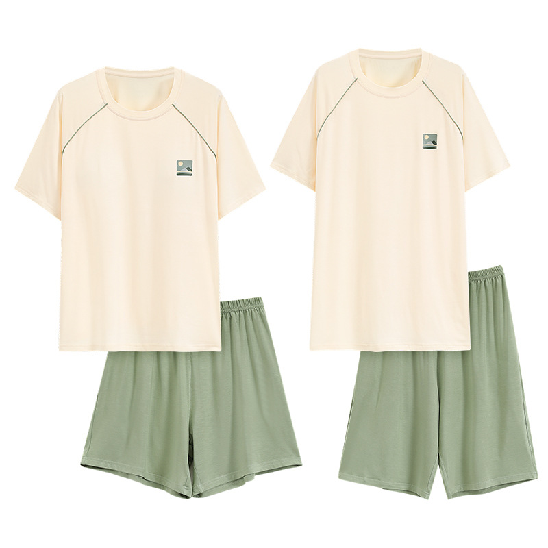 with Chest Pad 2024 Summer Pajamas Couple Modal Short-Sleeved Two-Piece Set Spring and Summer Solid Color Men's Soft Homewear