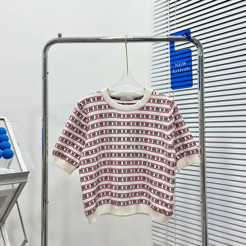 缪缪2022春夏款法式miu字母条纹圆领套头t恤女甜美针织短袖上衣