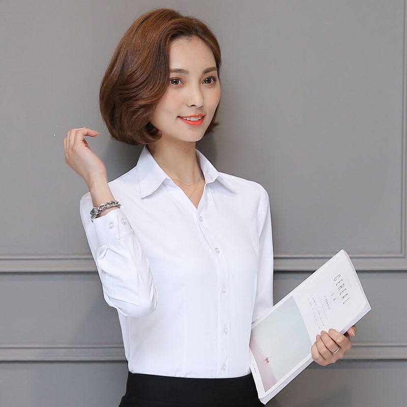 秋冬季白衬衫长袖职业v领修身工作服斜纹正装大码ol工装棉女服装