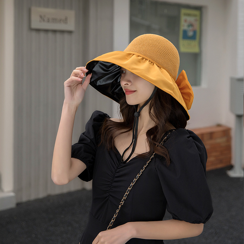 2023 Summer New Vinyl Sun Hat Bow Hollow-out Straw Hat Travel Net Red Sun Hat Sun-Proof Bucket Hat