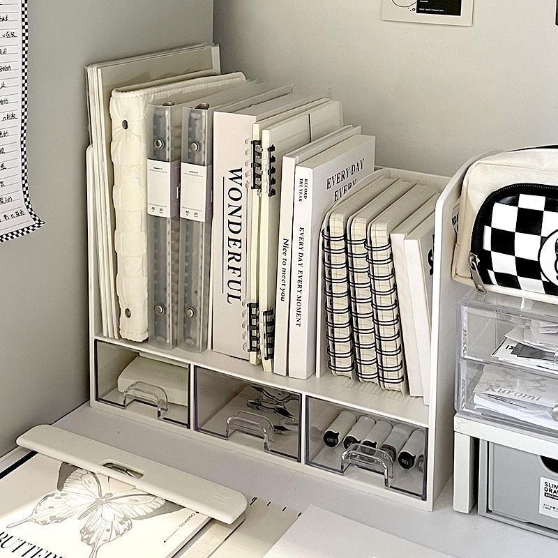 桌面书立架带抽屉学生宿舍书桌置物架桌上书架书本文具整理架子