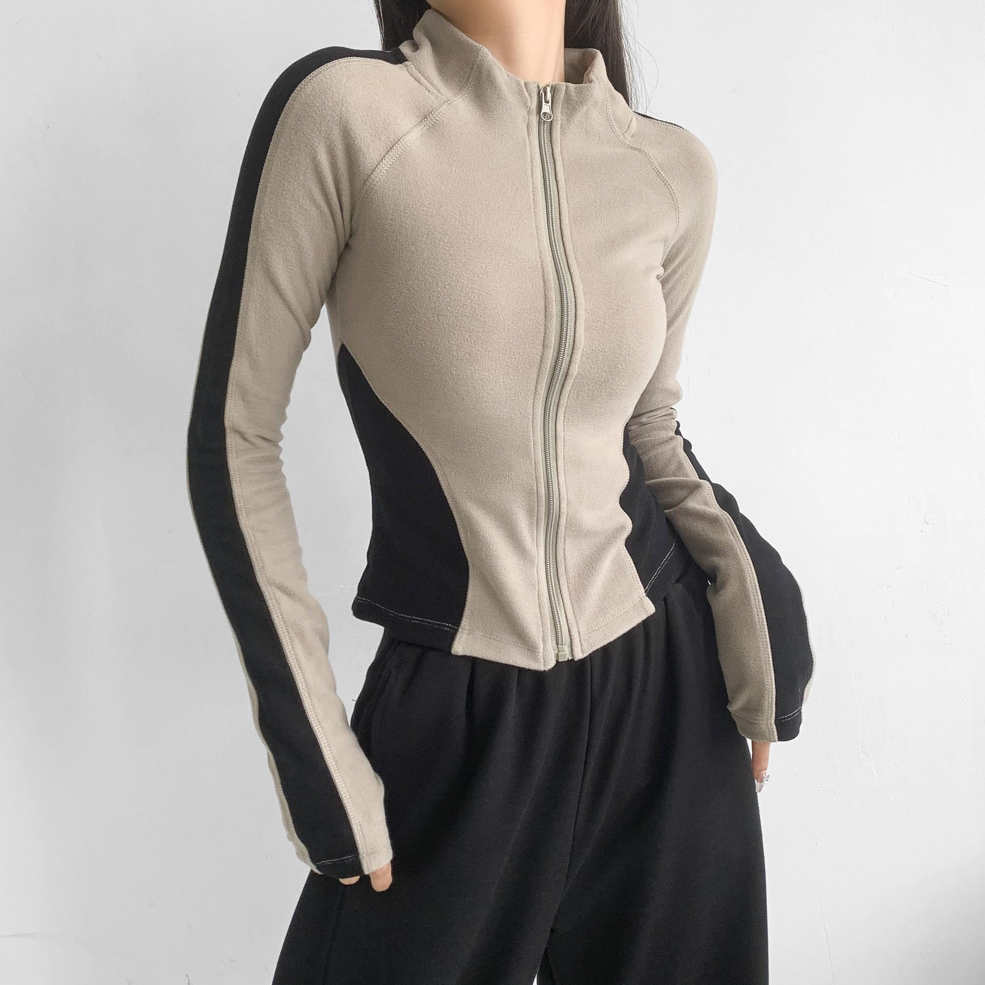 瑜伽外套显瘦塑身裸感撞色瑜伽服跑步训练保暖健身服2023新款秋冬