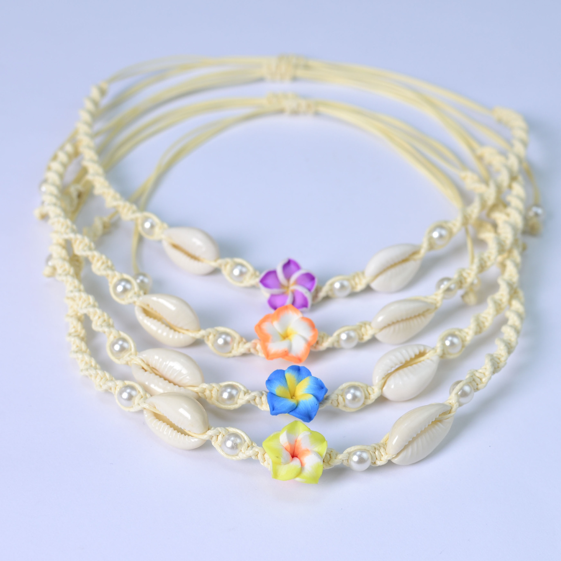 跨境爆款软陶鸡蛋花贝壳项链手工编织创意平节麻花形项链绳饰品