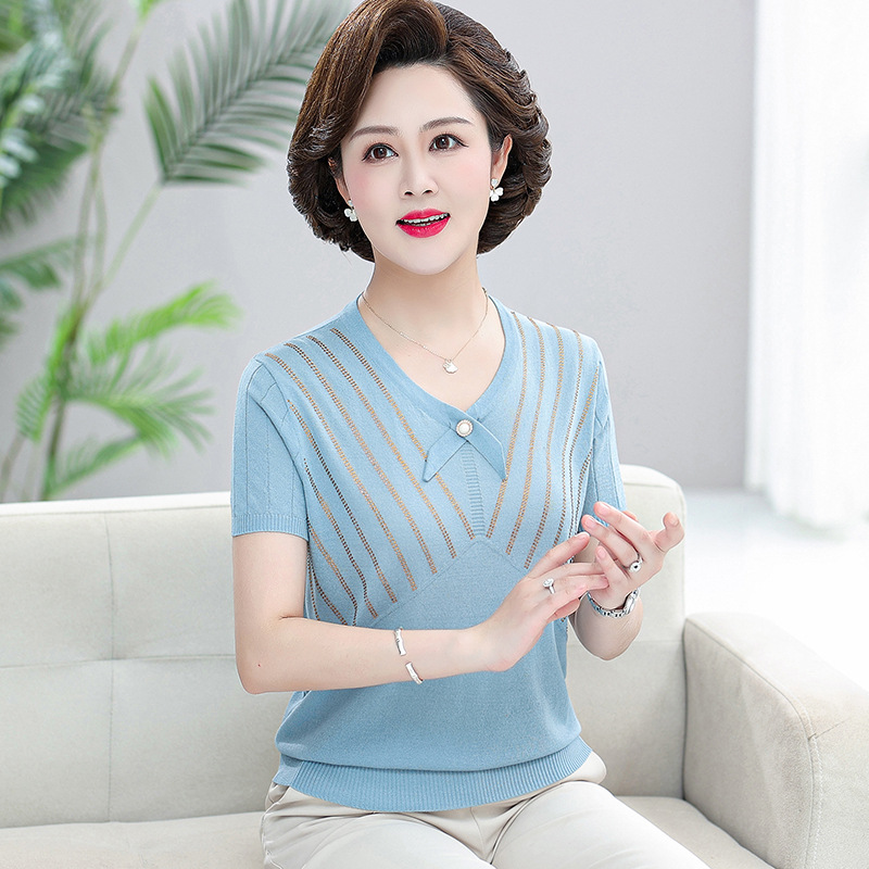 Mom Summer Wear Western Style Short-Sleeved Shirt 40-Year-Old 50 Middle-Aged and Elderly Women Summer Fashion Temperament Ice Silk T-shirt Small Shirt