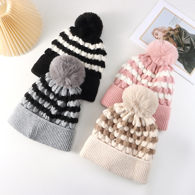 Hat 2023 Autumn and Winter New Striped Flanging Fur Ball Knitted Hat Female Fashionable Warm Woolen Cap European and American Hat Fashion