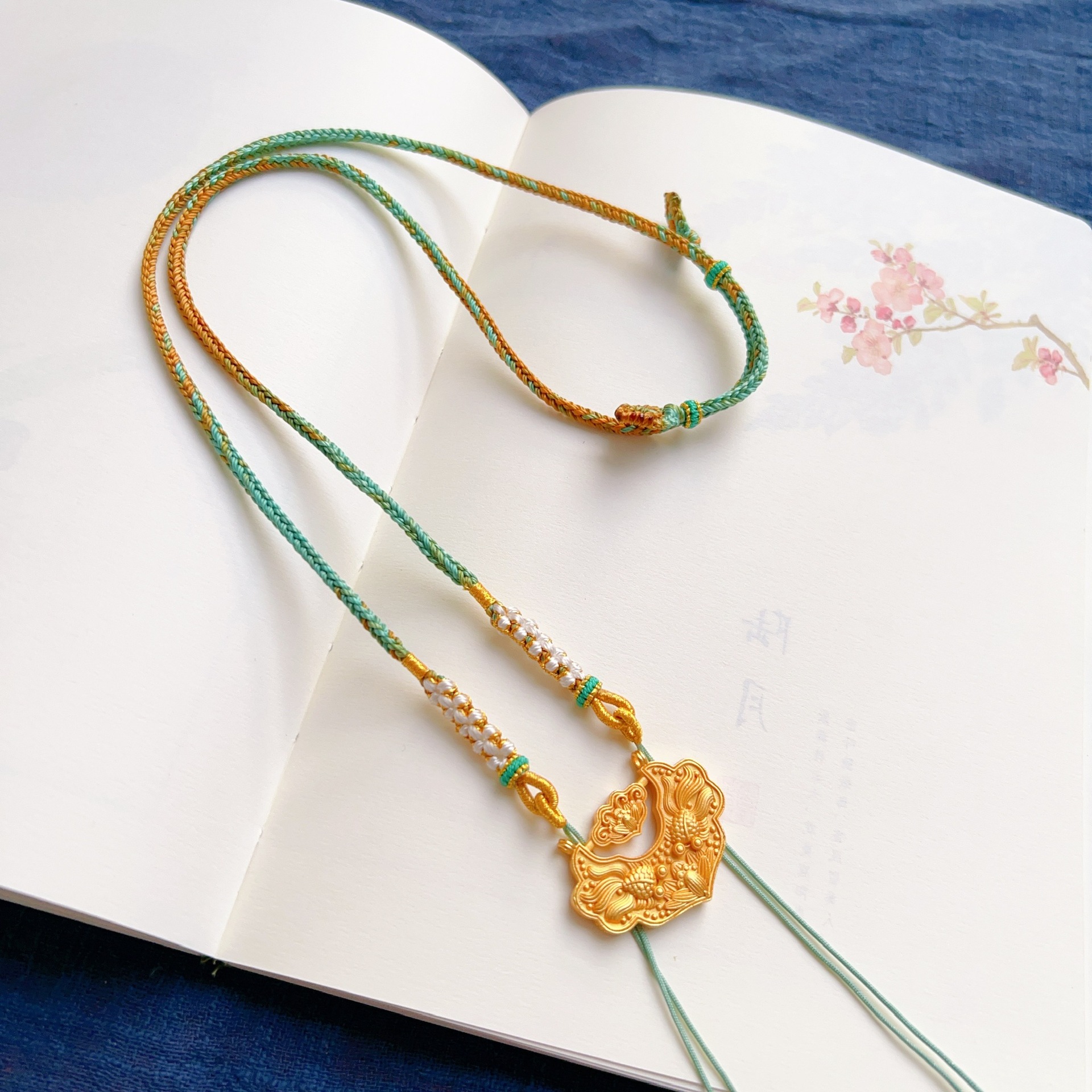 纯手工千里江山桃花沙金莲花吊坠项链编织古风新中式两世欢古法女