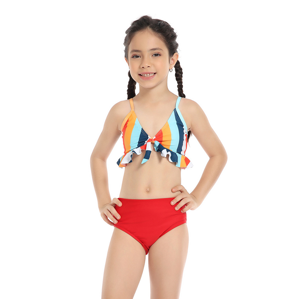Girls' Two-Piece Swimsuit in Stock Wholesale 2023 Popular Red Striped Children's Swimsuit