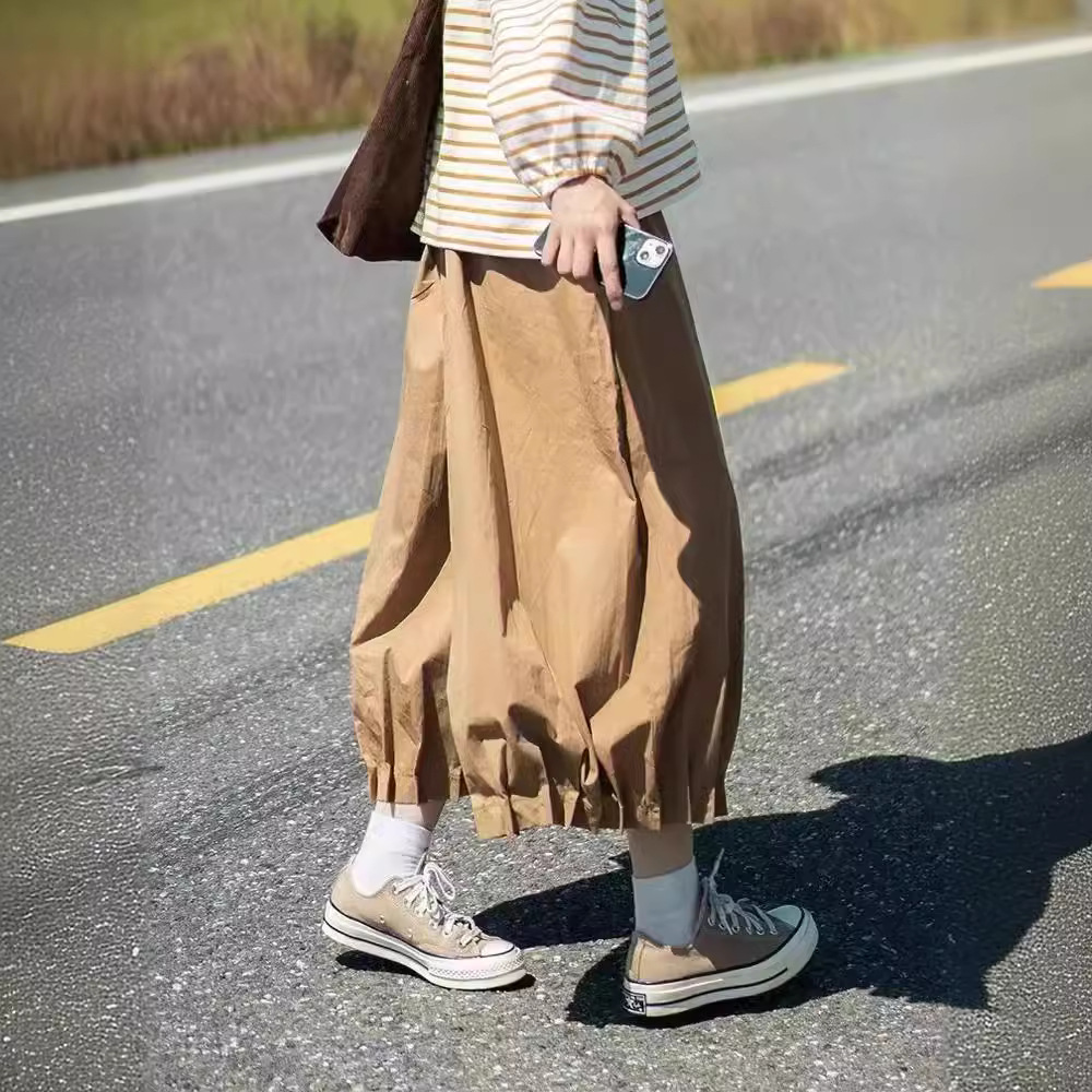 花苞灯笼裤2024日系文艺简约松紧高腰纯色复古脚口抽褶宽松灯笼裤