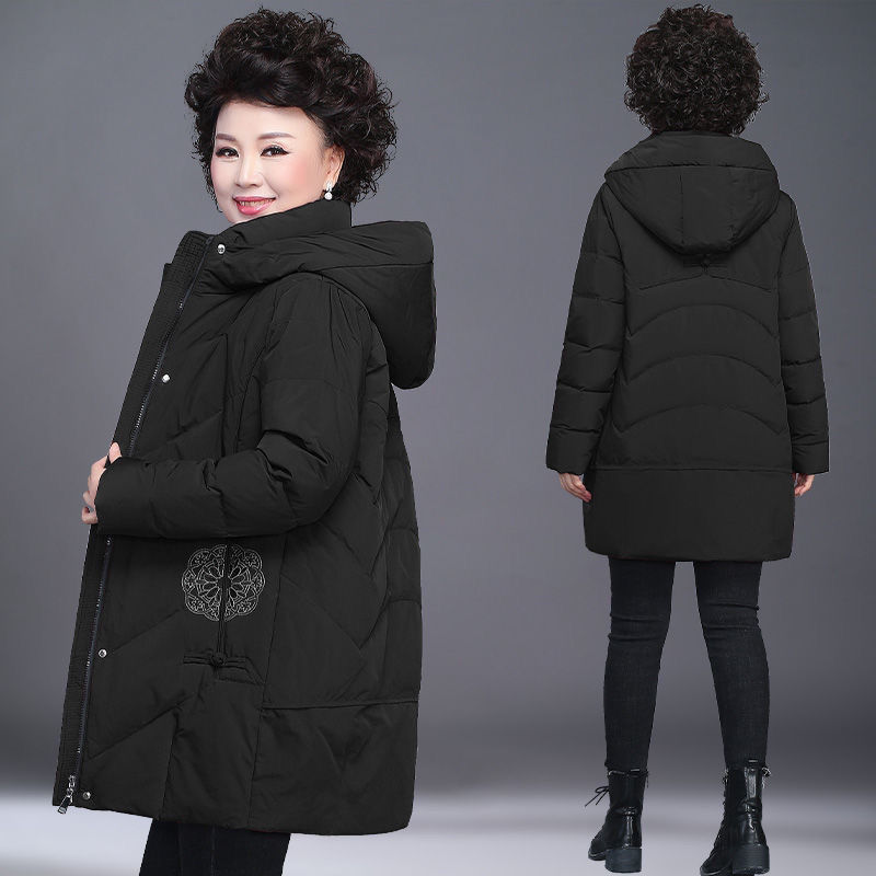 老年女装2023新款妈妈装冬装中长款绣花加厚保暖中老年连帽棉衣