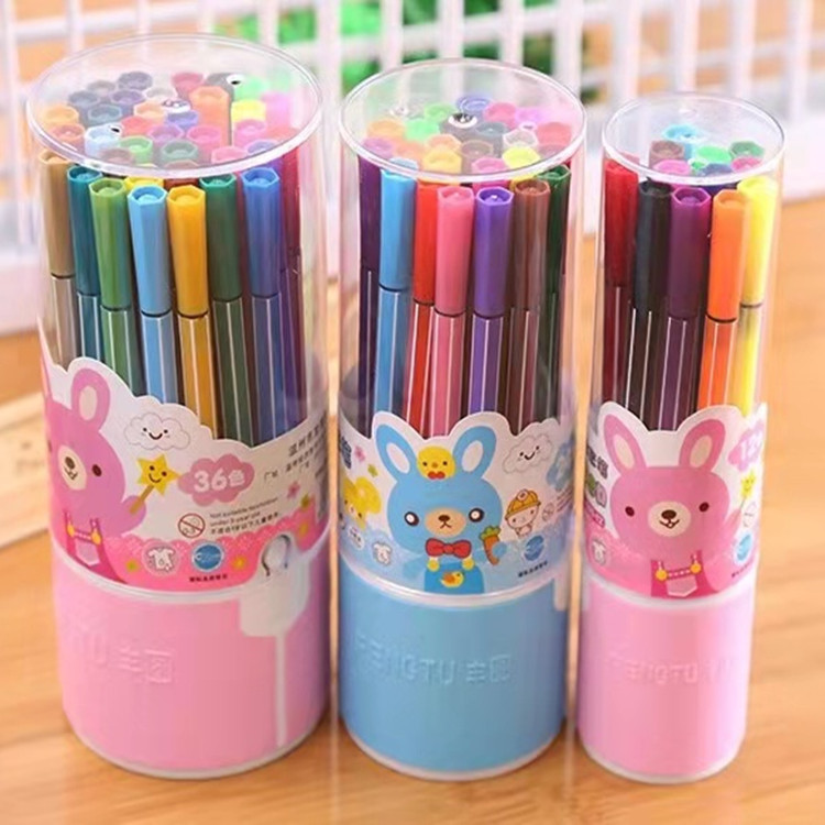 得力6981水彩笔12色手提式桶装彩笔小学生儿童绘画画画涂色笔-报价