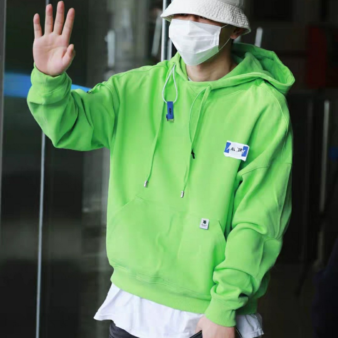 邓伦同款ader抽绳不规则领口ae塑料贴片卫衣连帽长袖帽衫潮