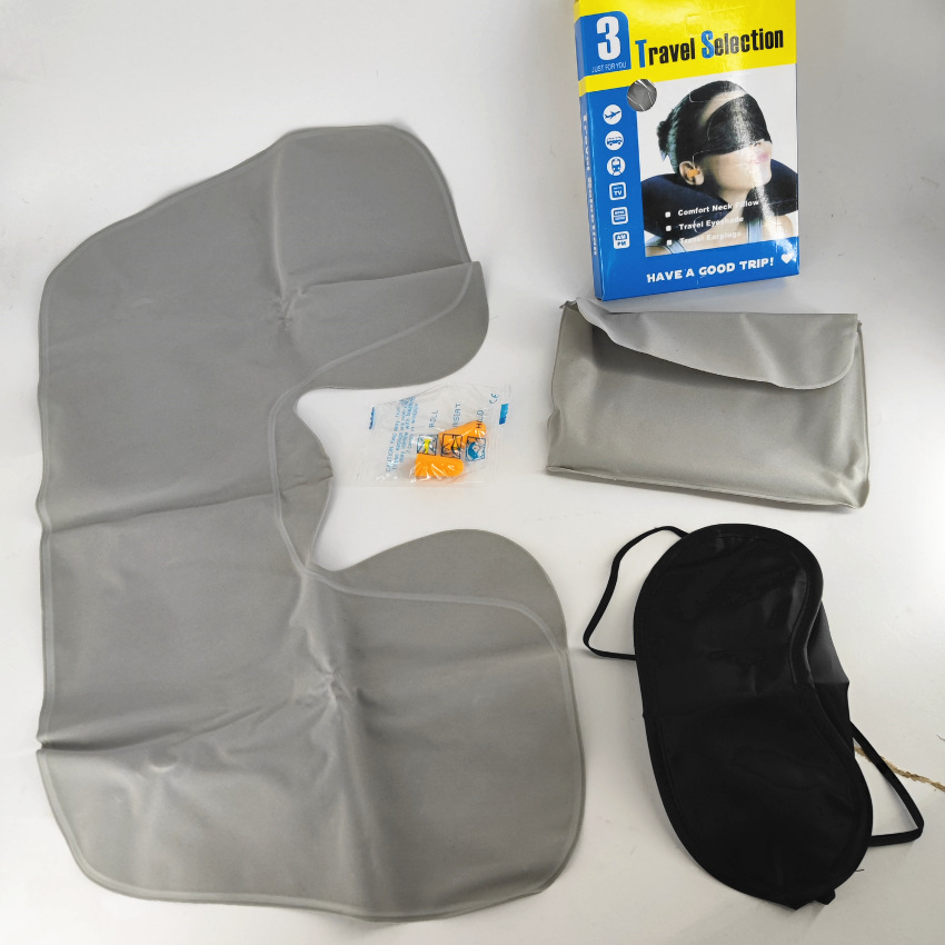 Customized Travel Supplies Flocking Pvc Inflatable U Pillow Travel Set Portable Neck Pillow Eyeshade, Earplugs Three-Piece Set