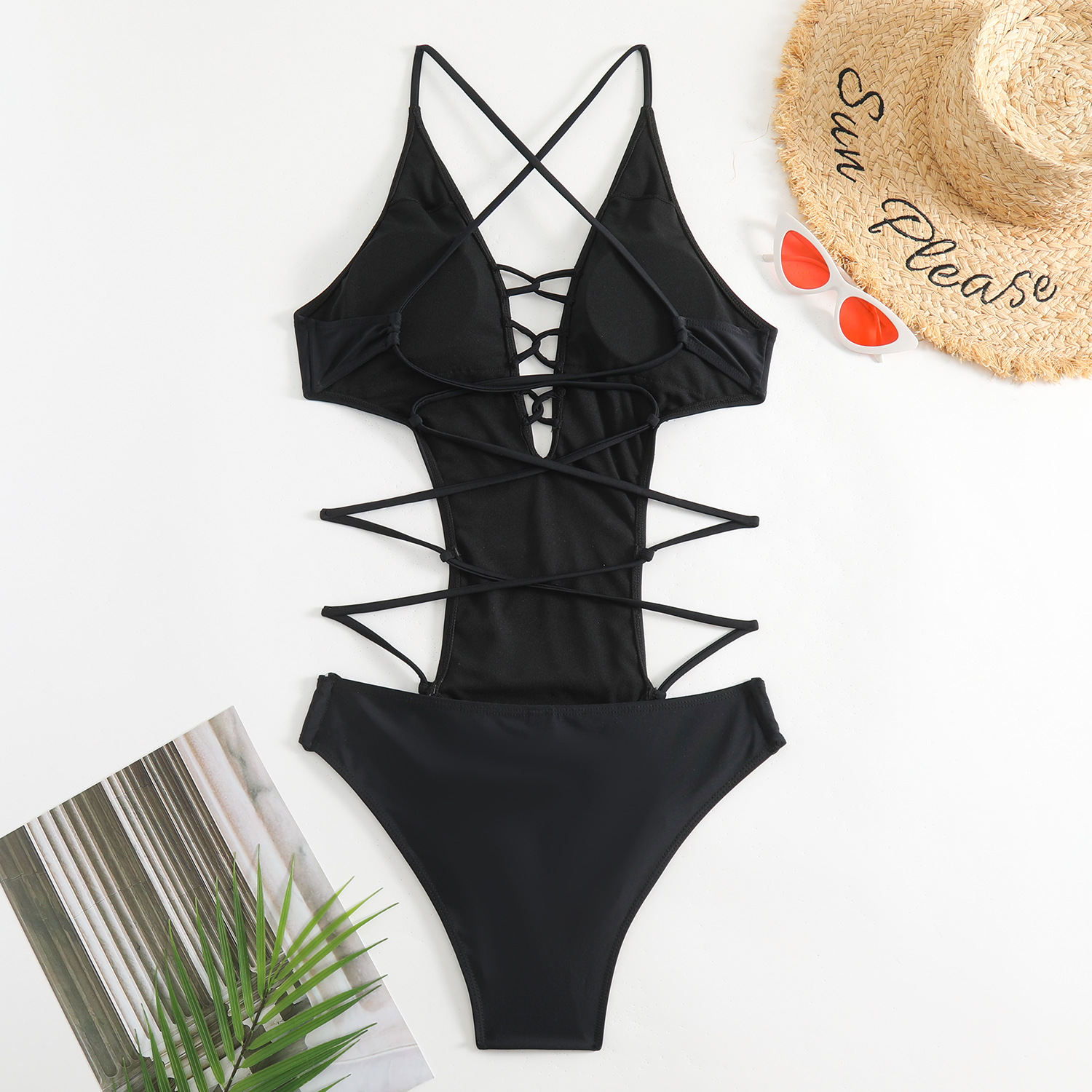 性感吊带绑带系绳露背镂空三角裤设计感高级纯黑亚马逊连体泳衣女