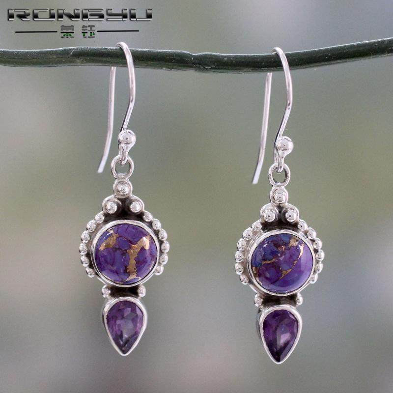 荣钰 亚马逊新款复古泰银紫龙晶耳环女 欧美时尚紫松石耳坠耳饰品