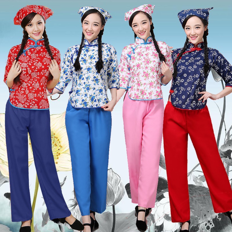 村姑衣服女碎花演服装阿庆嫂农村演出服采茶姑娘舞台成人表演服