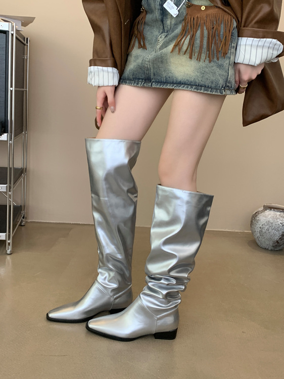 小众银色堆堆过膝长靴2023新款靴子2023新款夏季高筒骑士靴春秋长