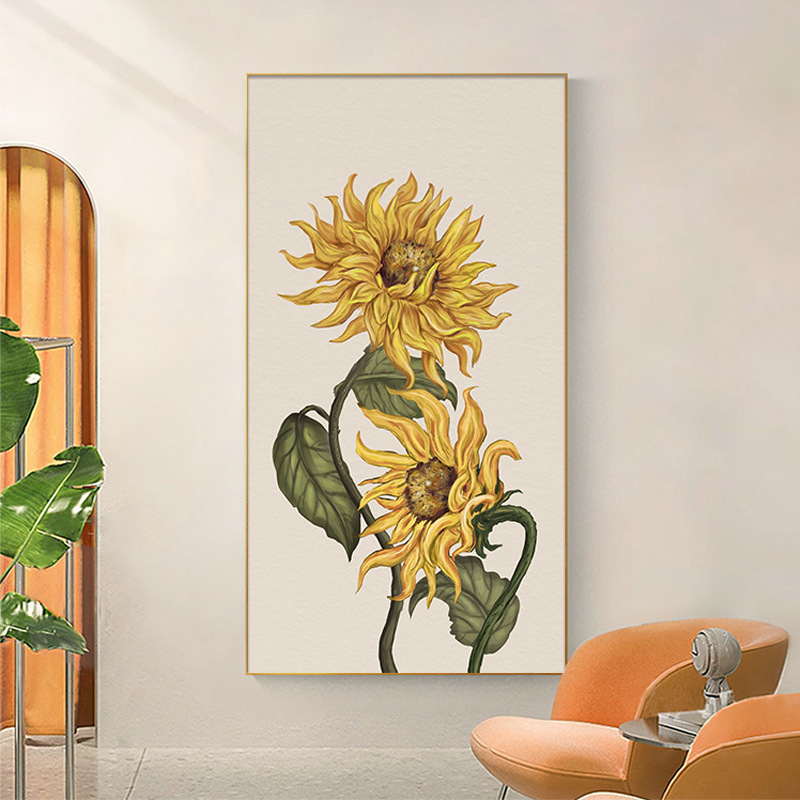 向阳花开现代轻奢入户玄关装饰画向日葵花卉壁画北欧过道竖版挂画