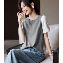 XWI/欣未圆领短袖衬衫女式夏季撞色拼接设计休闲宽松显瘦半袖T恤