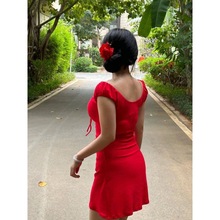 红玫瑰纯欲度假红裙夏季短裙女新款连衣裙辣妹修身法式显白包臀裙