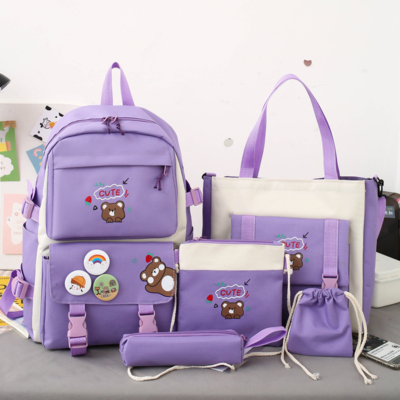 New Primary School Student Schoolbag Five-Piece Set Female Lightweight Cute Bag Student Backpack Girl Backpack One Piece Dropshipping