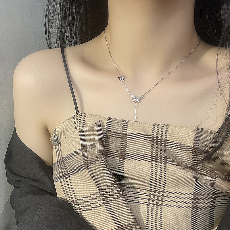 S925 Sterling Silver Bow Necklace Super Fairy Girl Style Diamond Shiny Sweet Clavicle Chain Summer Versatile Necklace