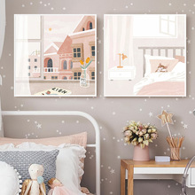 奶油风北欧ins风卧室儿童房装饰画女孩床头挂画卡通动物粉色壁画