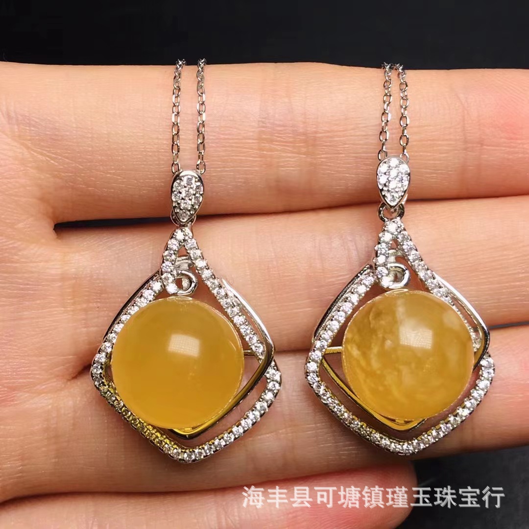 原矿俄料蜜蜡吊坠 锁骨链 s925银镶嵌配银项链蜡质浓郁全品三无