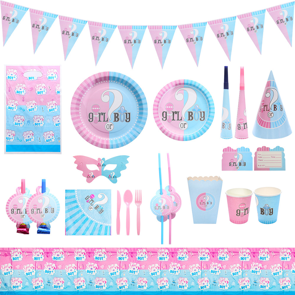 New Children Boys Girls Gender Reveal Birthday Party Paper Cup Tableware Set Layout Supplies Props