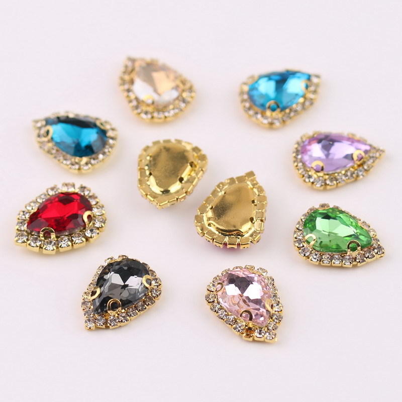 Water Drop Rhinestones Hand Sewing with Holes Rhinestones Surrounding Border Crystal Buckle Gold Bottom Glass Four Holes Claw Settings Handmade Diy Garment Accessories
